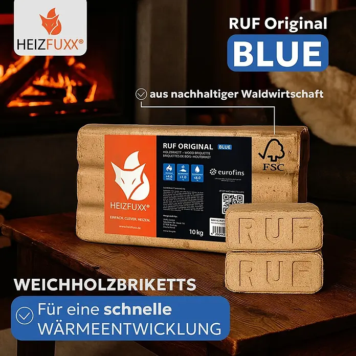 RUF Original Blue Holzbriketts Nadelholz 10kg x 96 Gebinde 960kg Palette – Bild 3